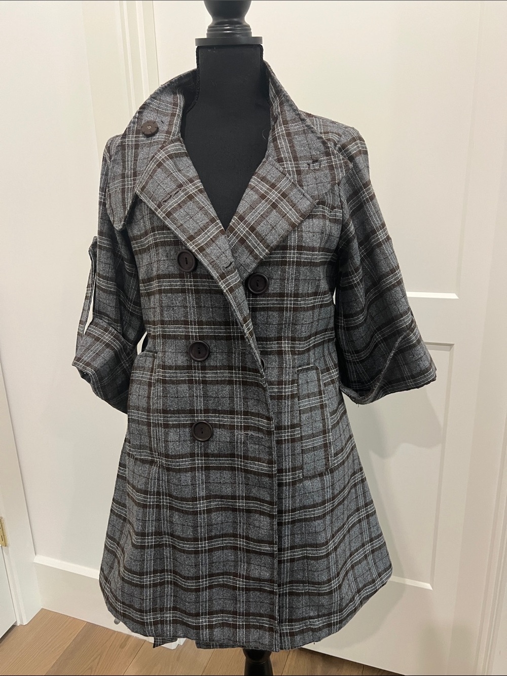 Plaid Double-Breasted Gray & Brown Coat